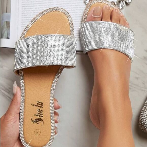 Shein Silver Round Toe Rhinestone Flat Sandals - Picture 3 of 12